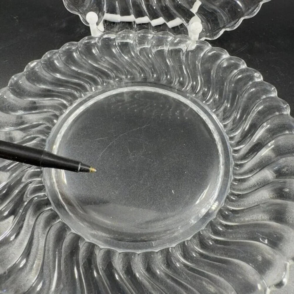 Fostoria Colony Swirl Dish Plate Set 2 Clear Glass Manganese 365nm Green UV Glow